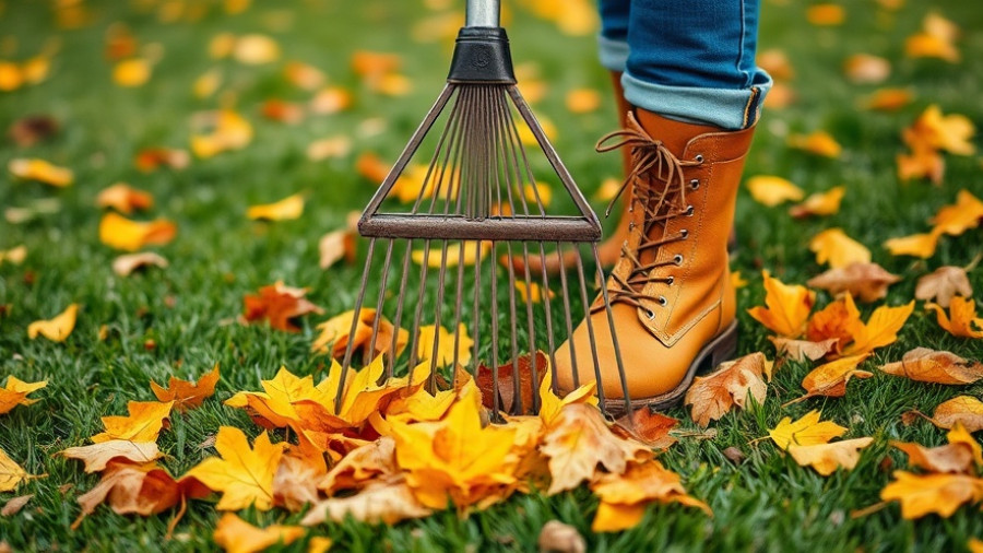 Person raking leaves on a lawn, fall lawn care mistakes.