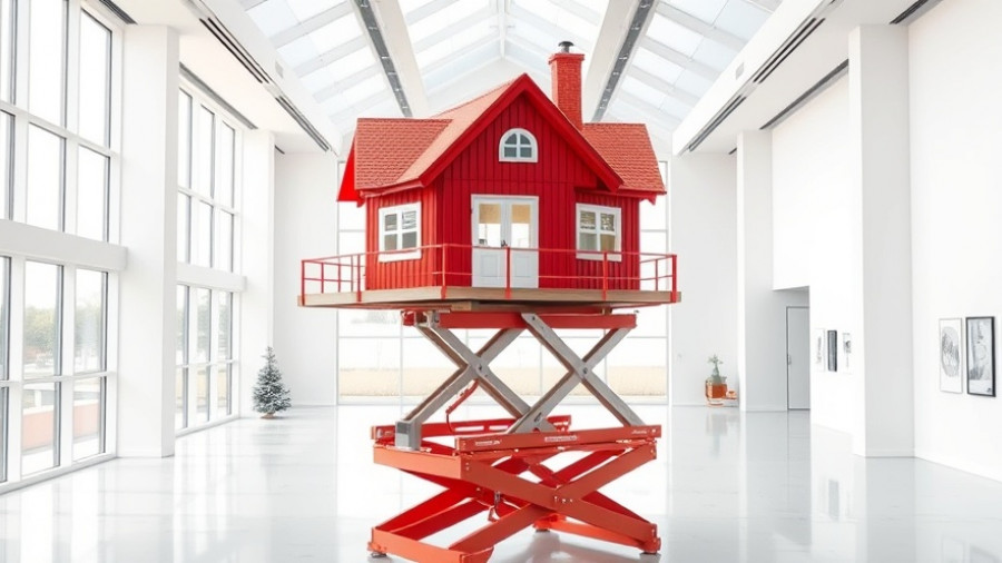 Adaptive housing concept in modern gallery with elevated miniature house.