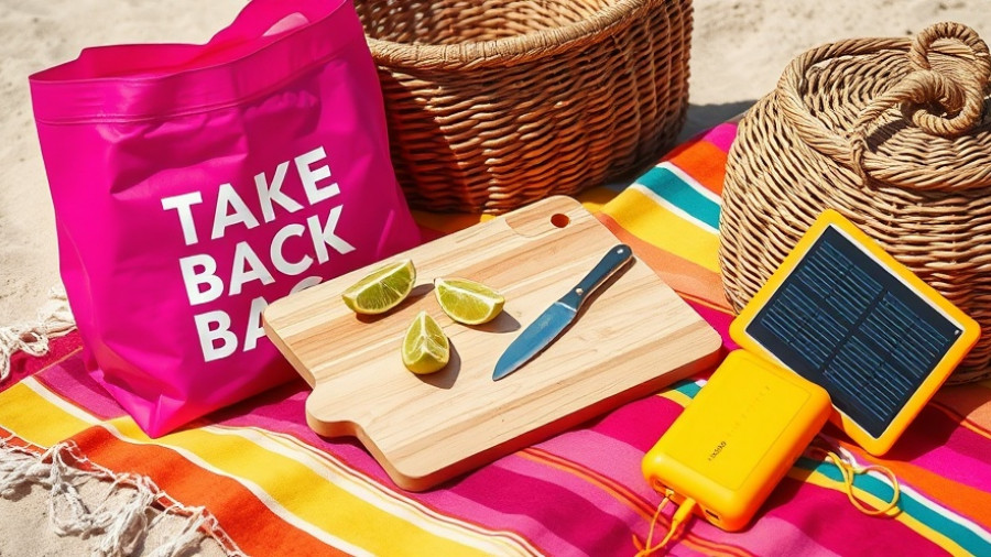 Eco-friendly products including recycling bag, cutting board, and solar charger.