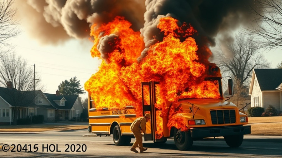 Burning school bus with smoke on suburban street.