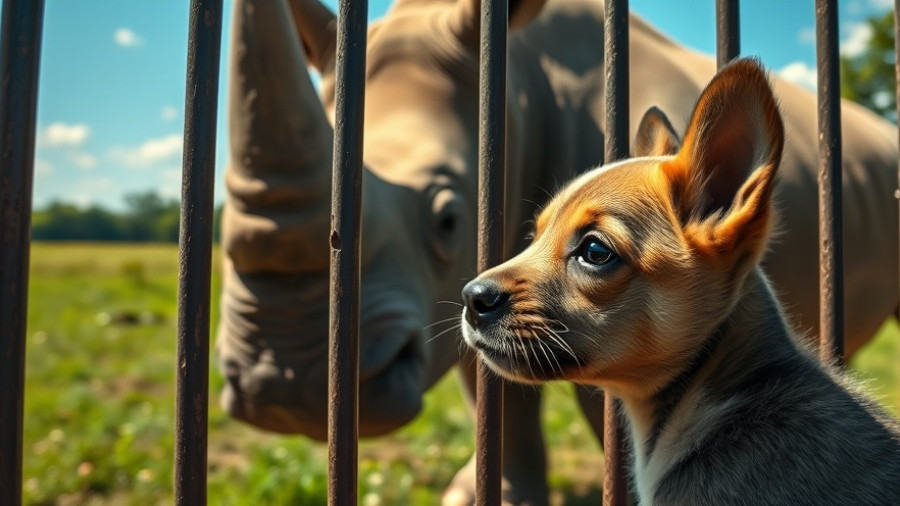 Welsh puppy encounters rhino through bars in wildlife setting.