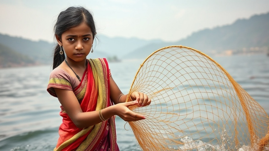Young girl cleaning Dal Lake with a net.