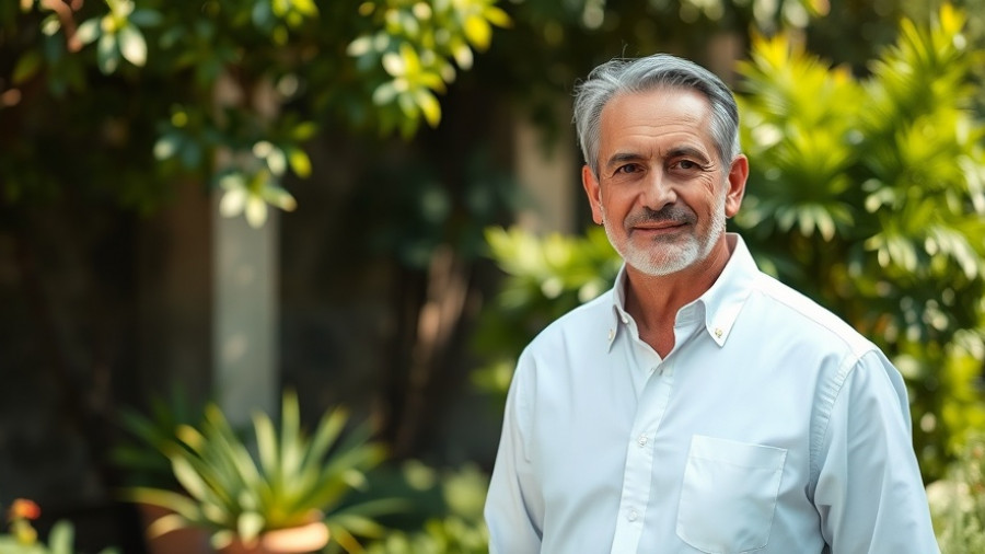 Middle-aged man involved in Rs 1 Crore Business From Chikoos, standing in a garden.