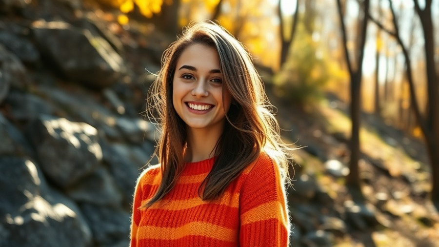 Smiling young woman in a sunlit park, orange striped sweater, rocks and trees