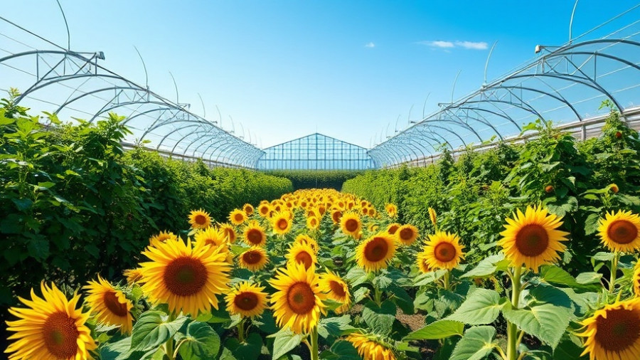 Geothermal greenhouse with sunflowers and lush greenery.