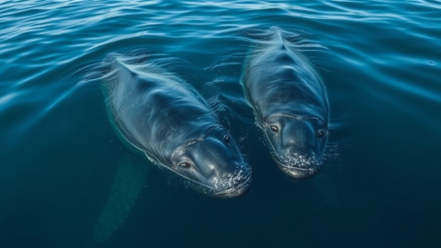 North Atlantic right whales swimming, calm ocean.