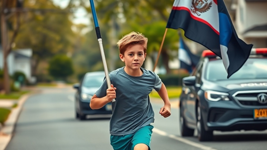 10-Year-Old Runs Miles To Honor Fallen Officers, young runner holding flag.