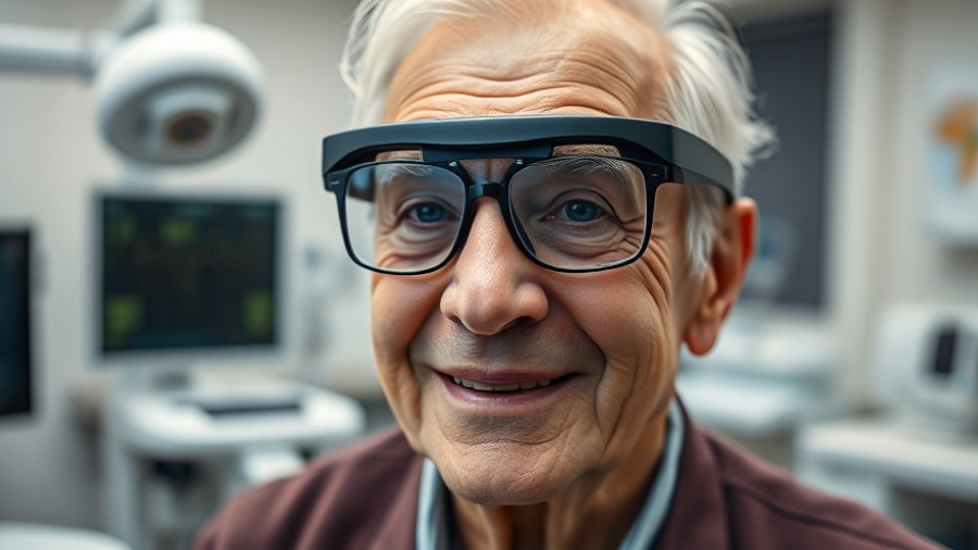 Older individual with retinal implant eyewear, smiling in clinic.
