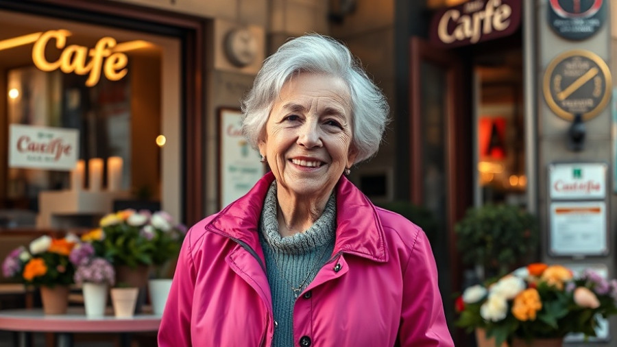 Italy's oldest barista smiling outside cafe in pink jacket.