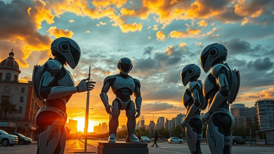 Futuristic scene at sunset with robots and statue, positive business news.