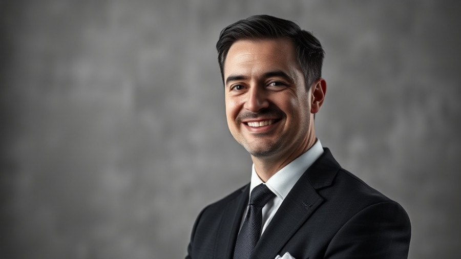 Professional portrait of a suited man smiling in black and white.