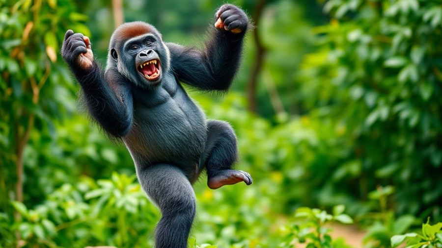 Playful gorilla in a humorous pose in the forest, Comedy Wildlife Awards.
