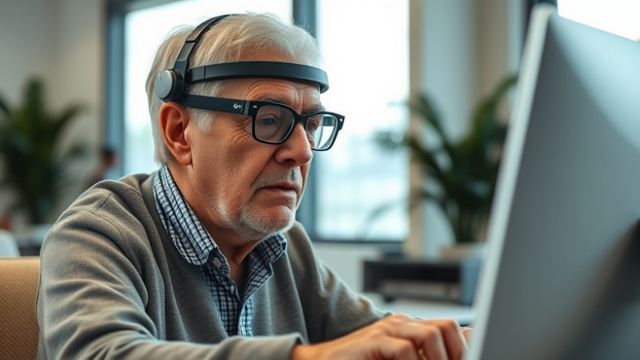 Elderly person using visual aid headset to interact with computer.