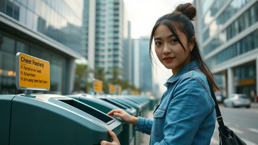 Woman engages in Pay-As-You-Throw waste reduction in urban area.