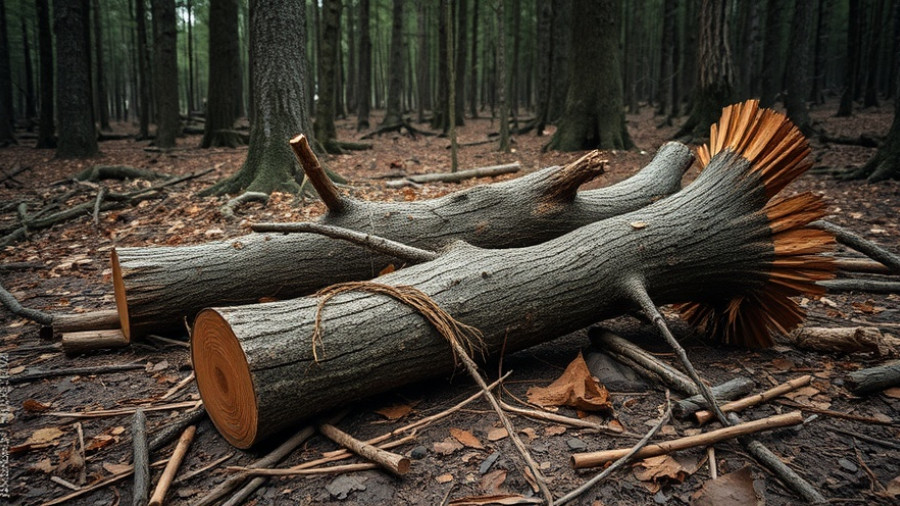 Felled trees in a forest highlighting the need to criminalize ecocide in Scotland.