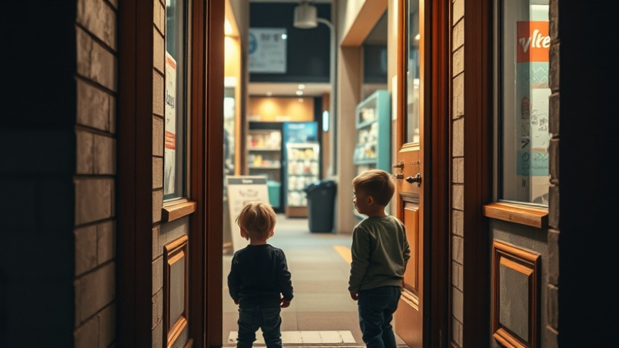 Man and child curious about unlocked door, night ambiance.