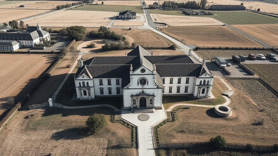 Historic convent aerial view in rural landscape, buy historic convent for preservation promise.