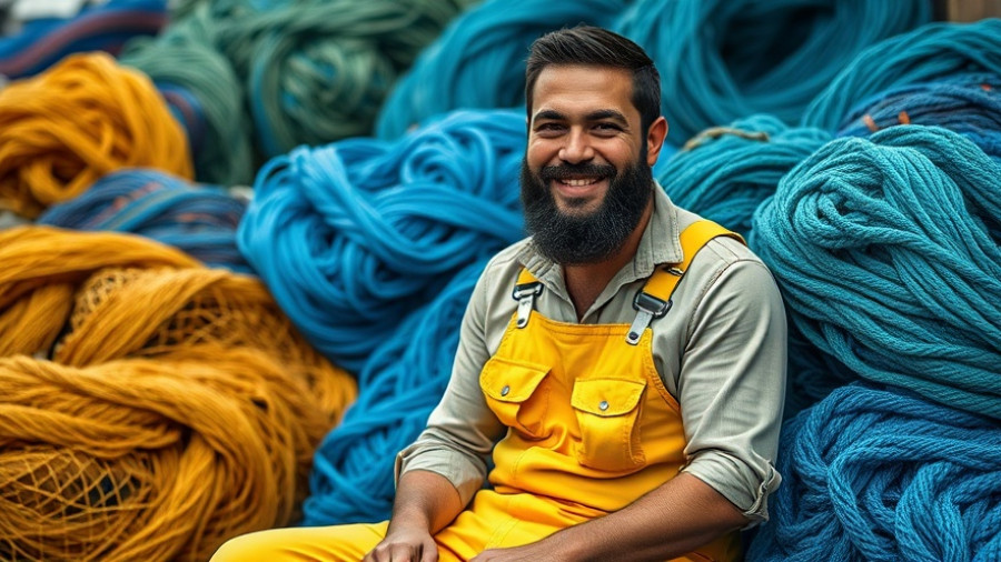 Man in yellow overalls smiling with fishing nets, outdoors.