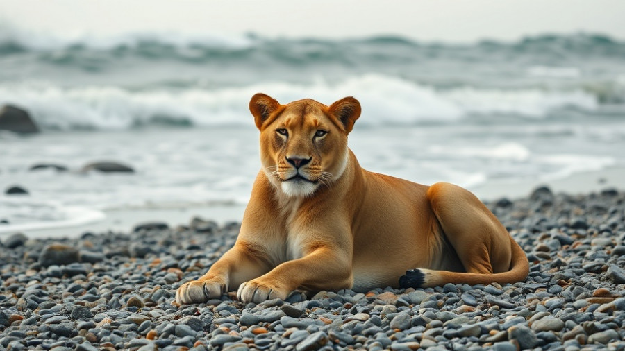 Serene lioness calmly resting on pebble beach with crashing waves.
