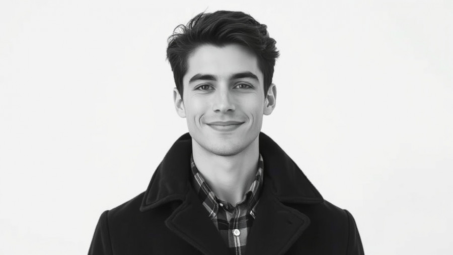 Monochrome portrait of a young man in a coat, confident expression.