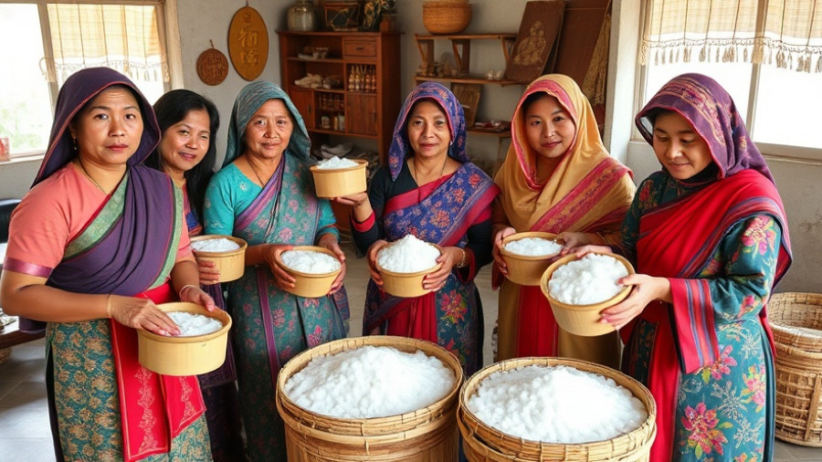 Women demonstrating sustainable bamboo salt production indoors.