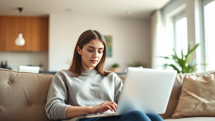 Woman using a laptop in a modern living room, promoting reducing sedentary behavior.