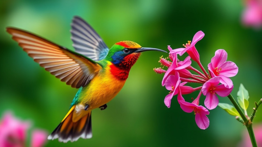 Colorful sunbird hovering near pink flowers in Indian forest.