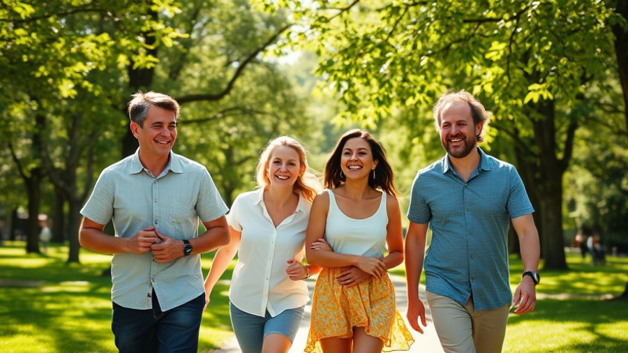 Happy family walking in sunny park discussing term insurance policies.