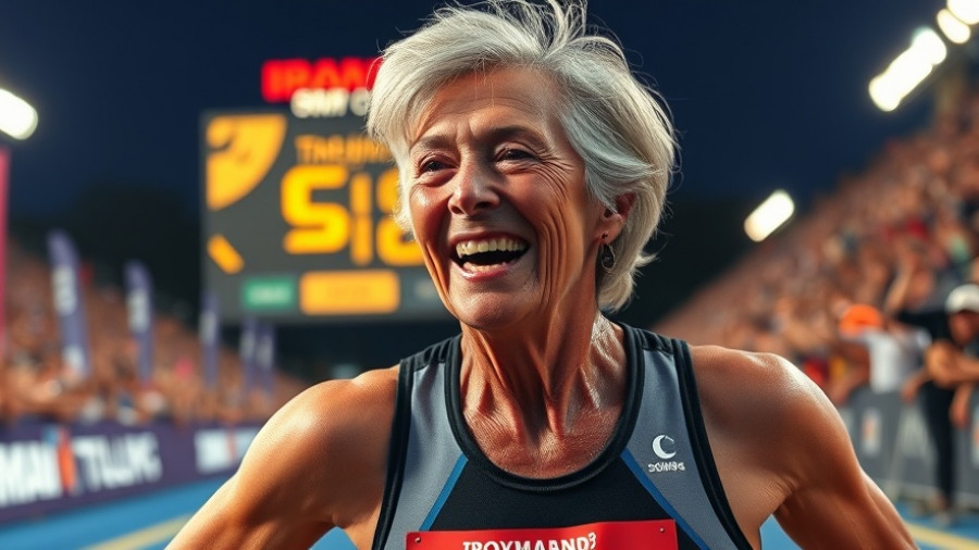 Oldest female Ironman finisher celebrating post-race milestone.