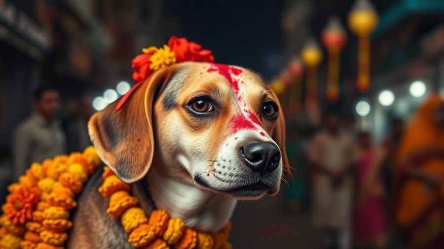 Dog adorned for Indian festivals that celebrate nature.