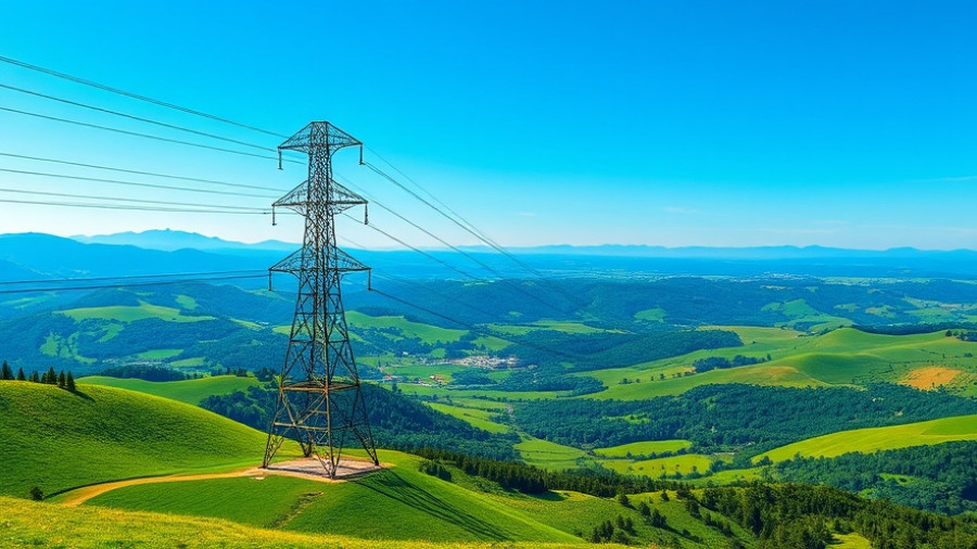 Deer-shaped power line tower in scenic landscape under blue sky.