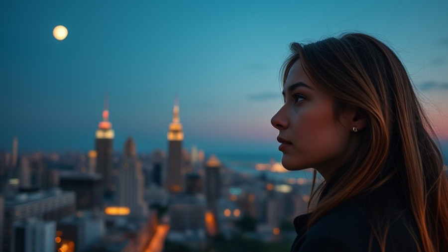 Young woman contemplating over city during twilight, transformative personal challenges.