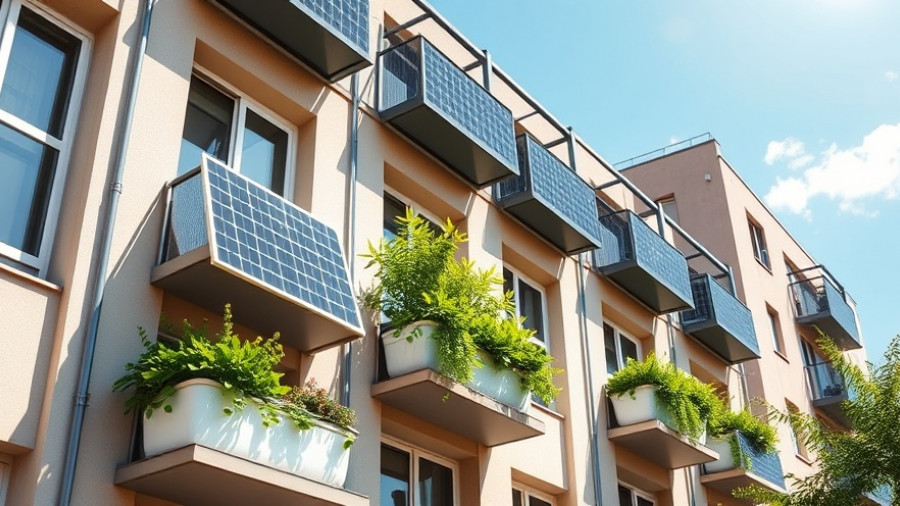 Modern balconies equipped with Balcony Solar Technology and plants.