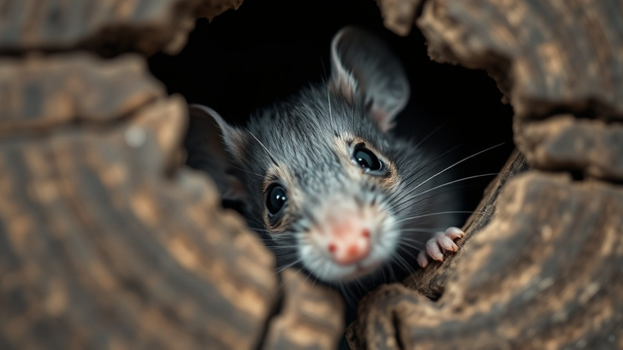 Close-up of a curious mouse peeking through a wooden gap.