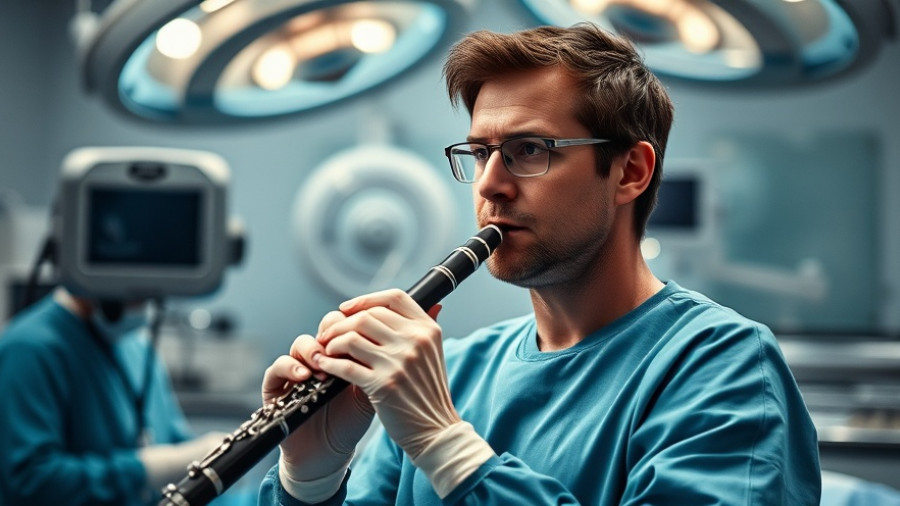 Parkinson's patient plays clarinet during brain surgery in hospital setting.