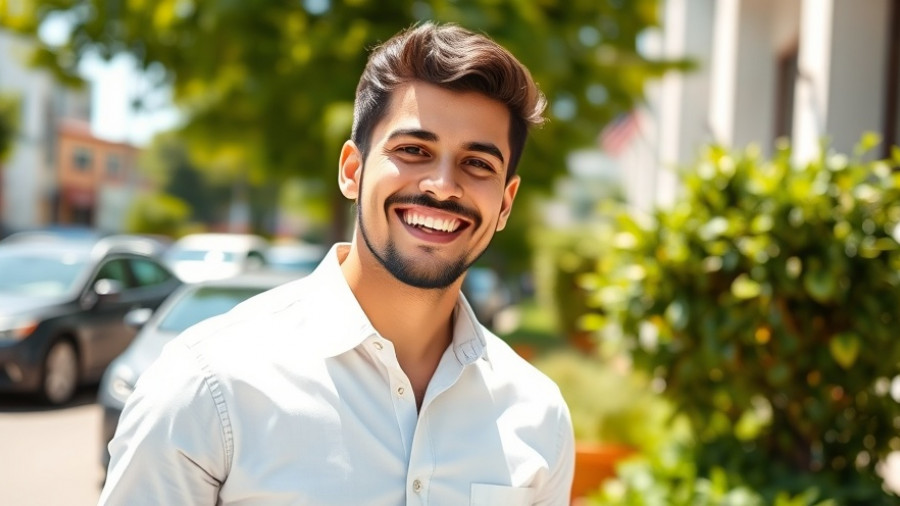 Smiling young man outdoors in white shirt, cars and greenery.