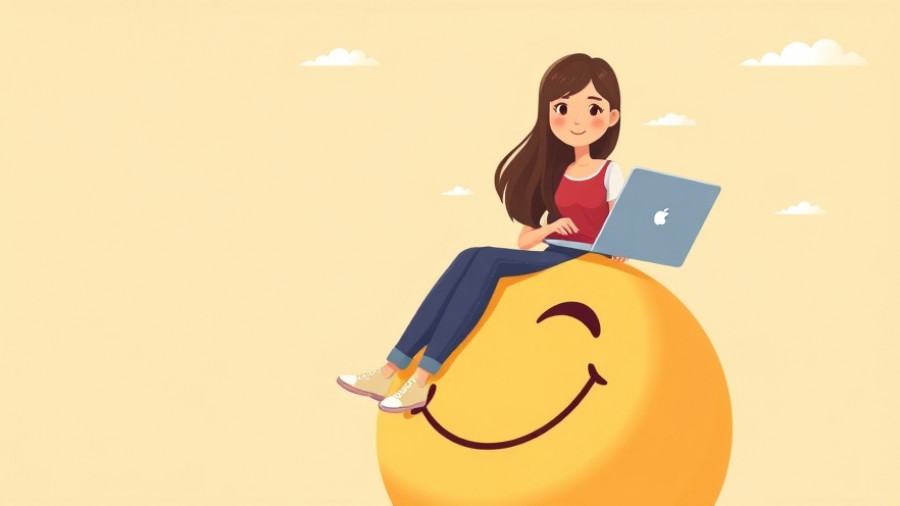 Rediscover Your Passion: Woman on emoji with laptop, cartoon.
