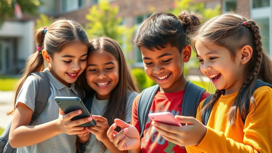 Schoolchildren with smartphone enjoying safe content on a sunny day.