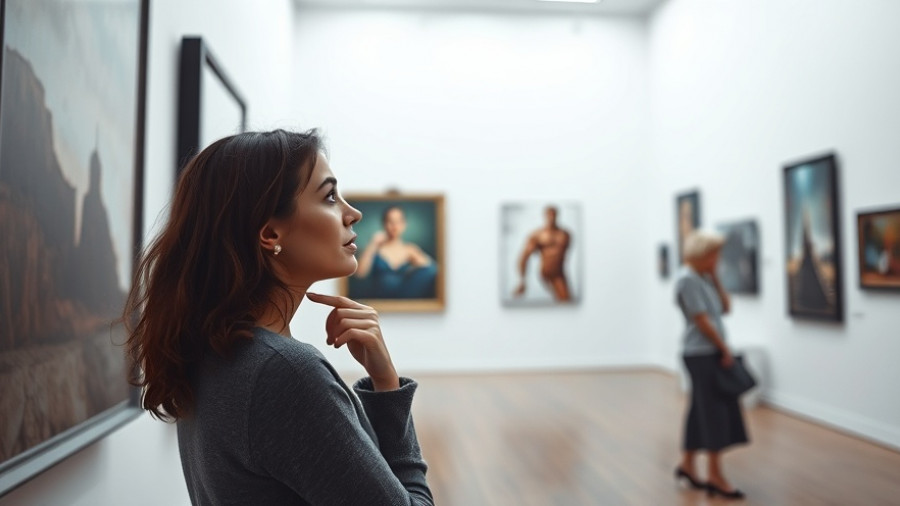 Woman observing artwork in gallery reflecting on art therapy benefits.