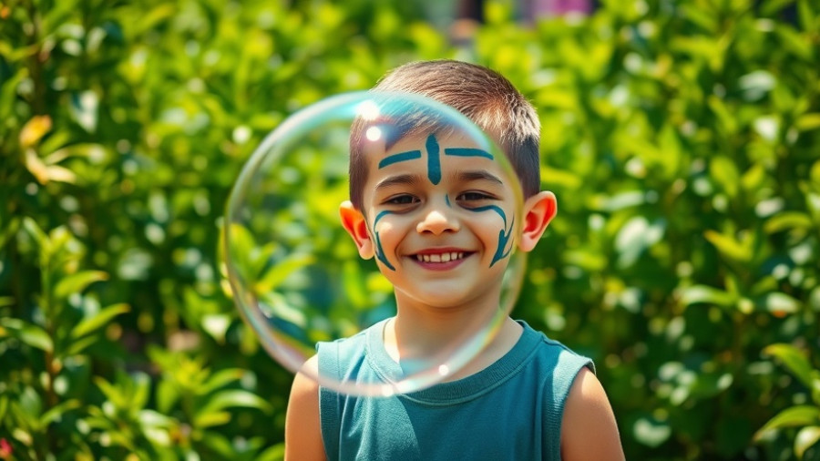 Boy with face paint playing with bubbles in a garden, Moldova Orphanage Reform.