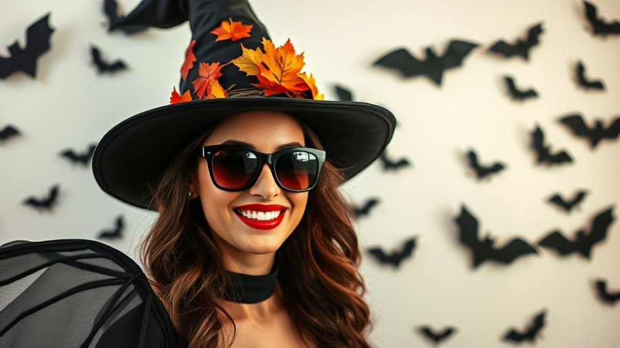 Stylish Halloween costume with witch hat and bats on wall.