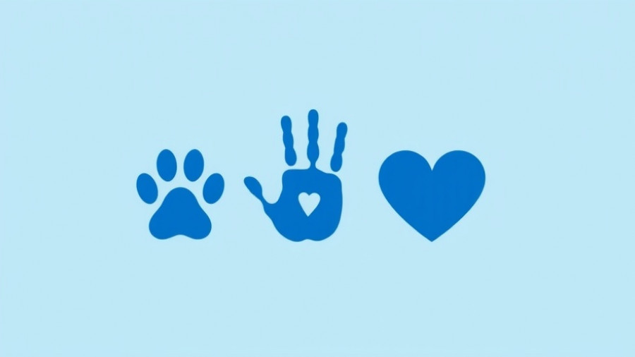 Simple illustration of paw print, hand, and heart symbolizing care.