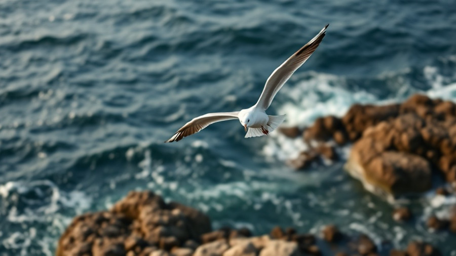 Graceful seagull soaring over rocky coast, showcasing Spain's marine protection.