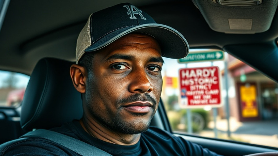 Police Officer Goes The Extra Mile; man in car and Hardy District sign.