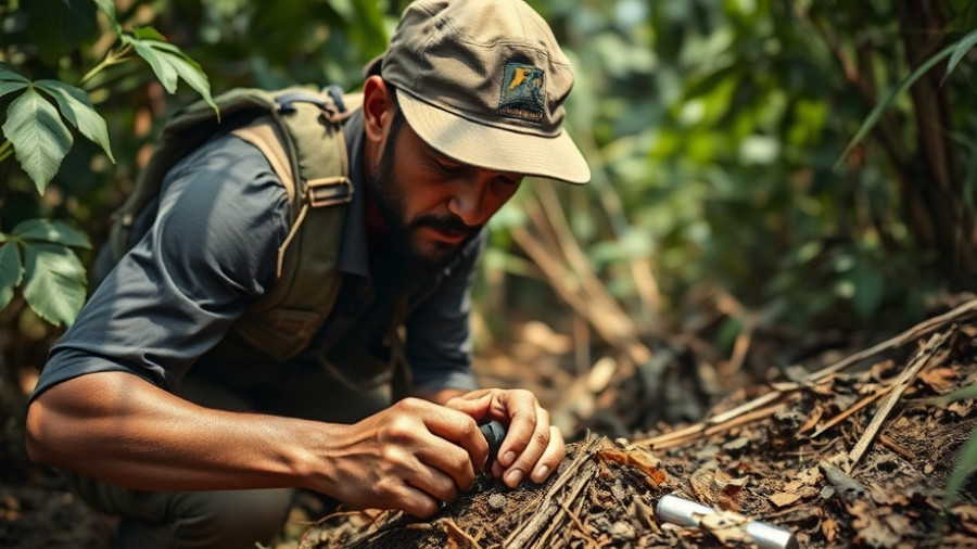 Demining worker in Sri Lanka removing landmines in jungle.
