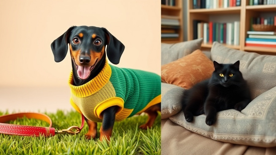 Charming gift ideas for pets and owners: dachshund, leash, black cat.