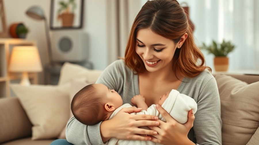 Smiling mother breastfeeding baby in soft, warm-toned setting.