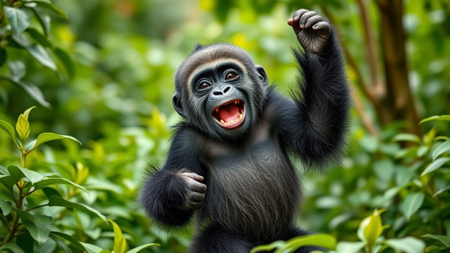 Joyful gorilla playfully balancing in nature, highlighting positive news for entrepreneurs.