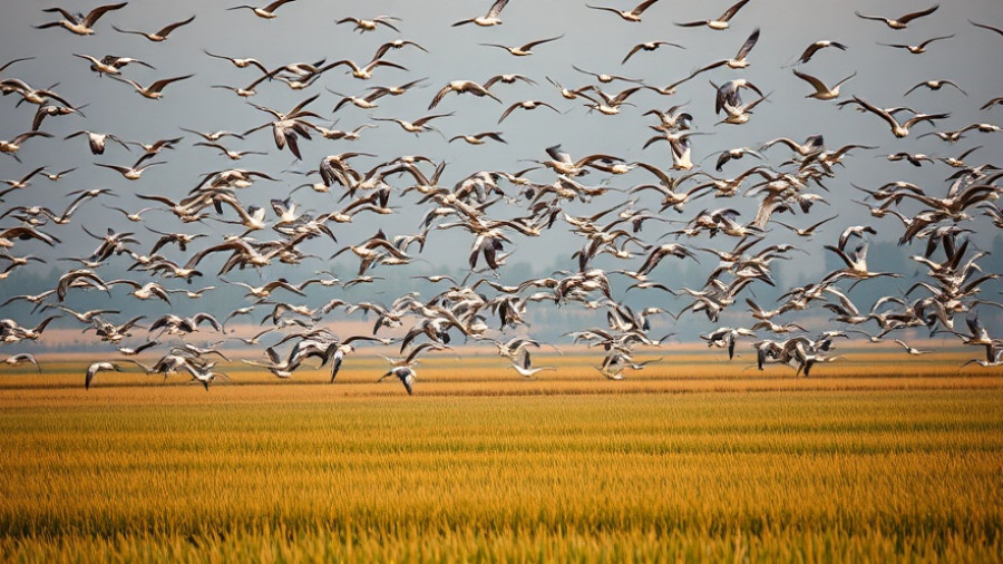 Migratory birds flying over rice fields, showcasing collaboration with farmers.