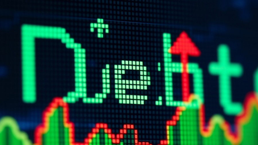 Debt myths concept on digital screen with financial rise and fall symbols.